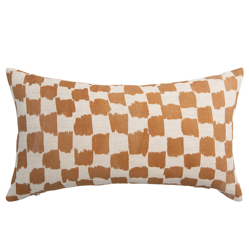 Leafy Check Linen Cushion with Raw Feather Insert - 50X30cm